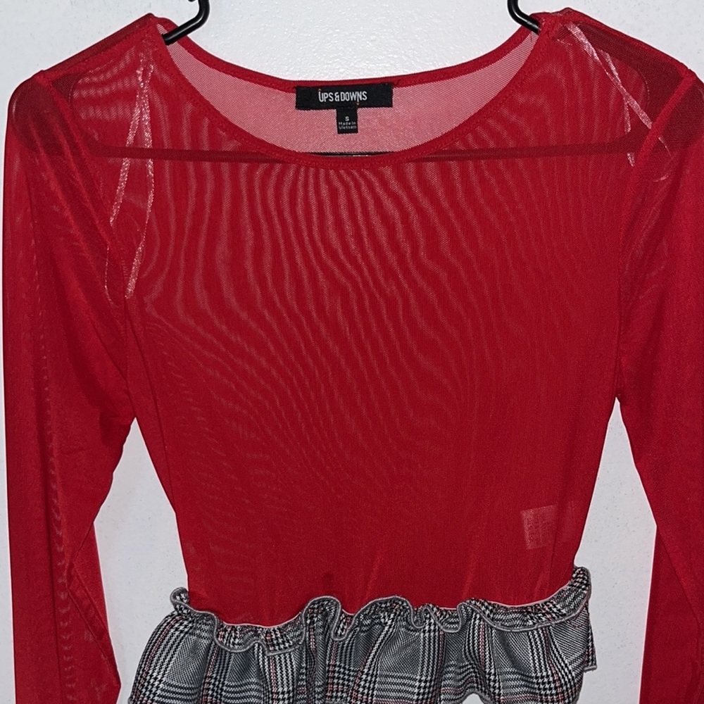 Sheer Crop Top with Plaid Ruffled Bottom - Picture 2 of 6